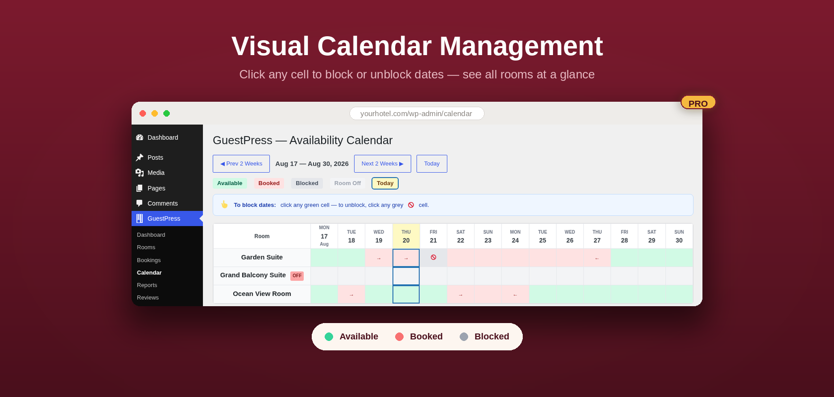 GuestPress availability calendar with date blocking