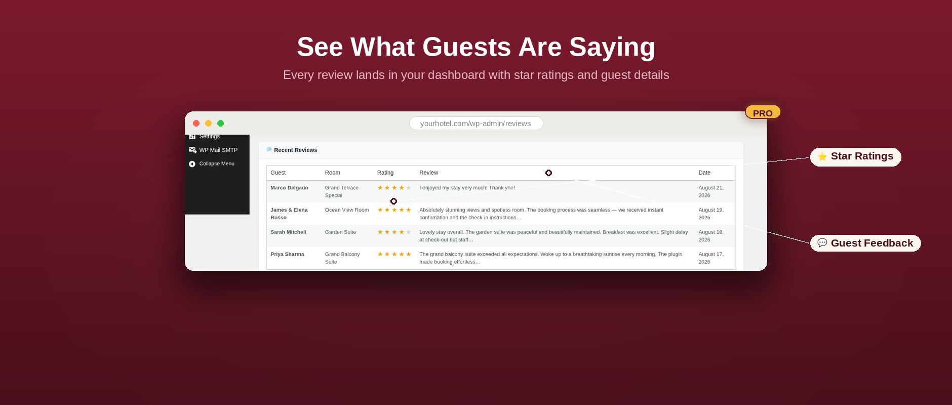GuestPress recent reviews table with star ratings and guest feedback