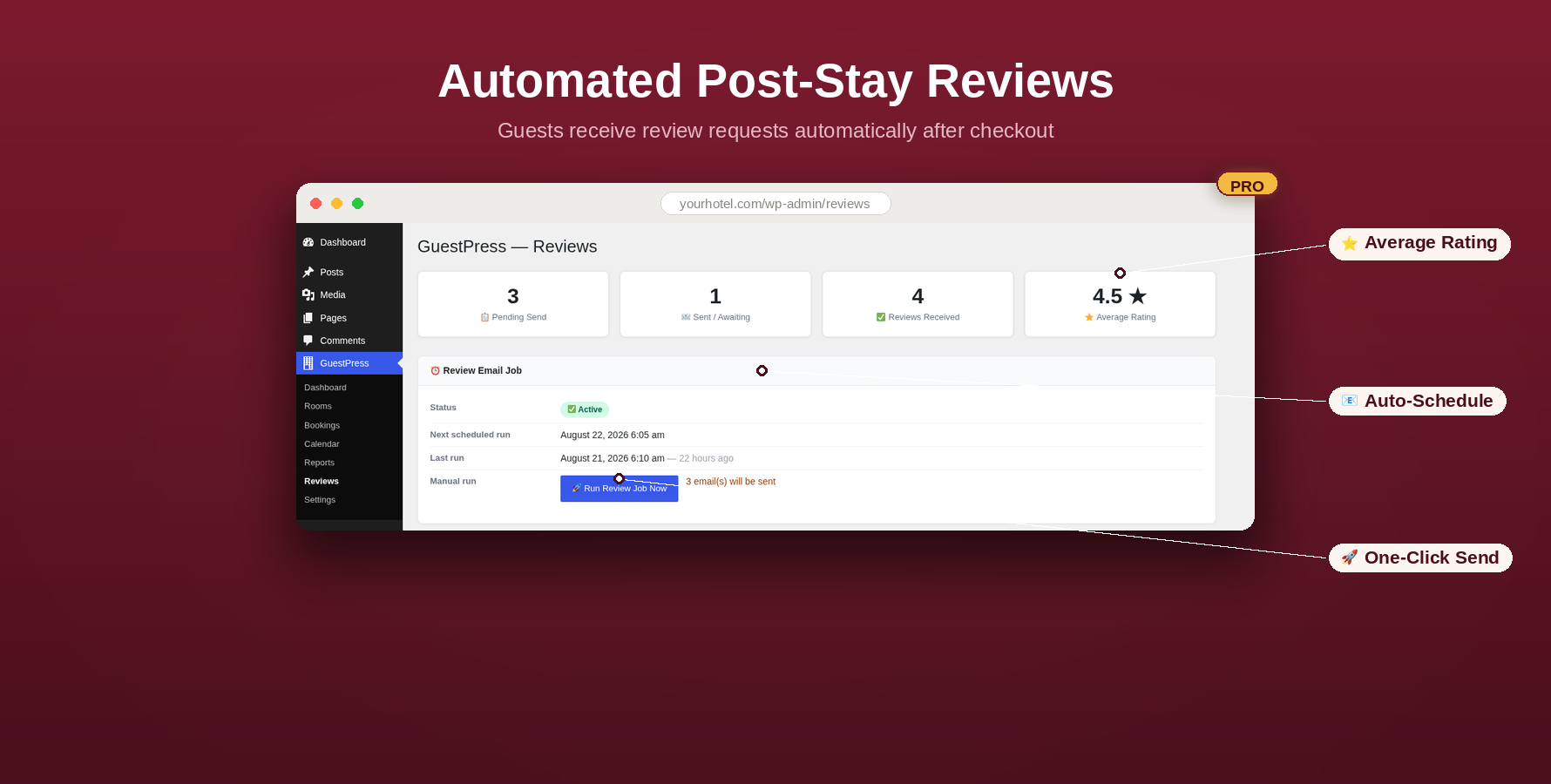 GuestPress review stats cards and email job tracking